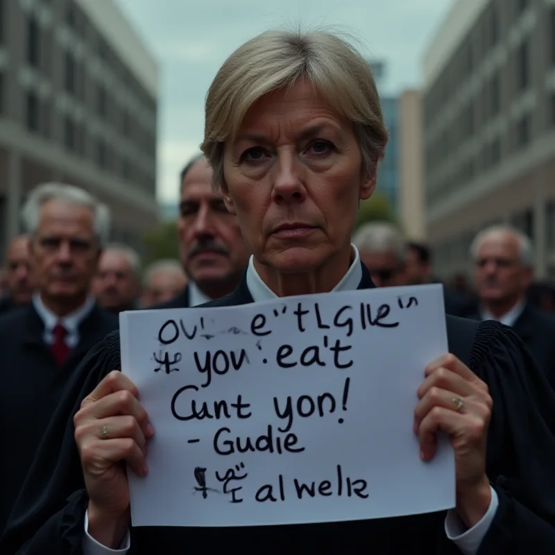 Close-up shot of a judge holding a sign during a protest, with other protestors blurred in the background.