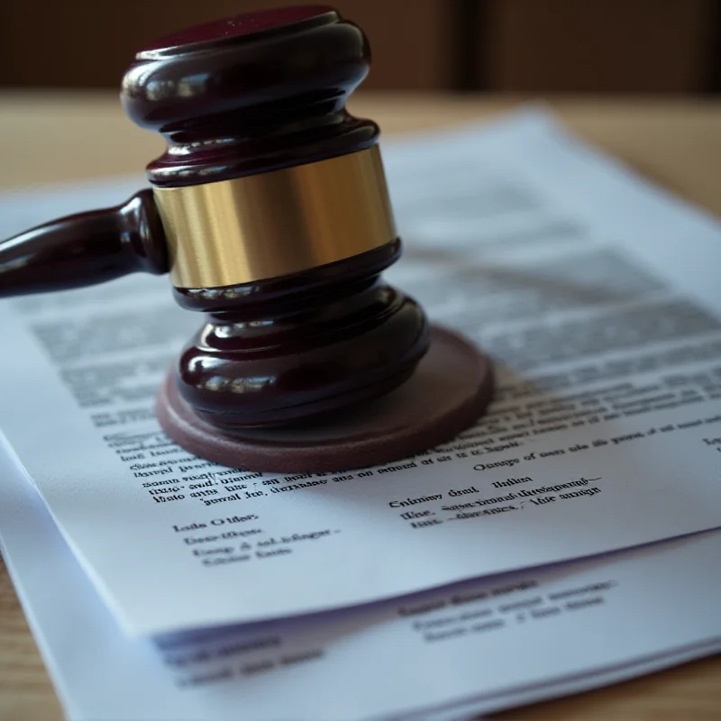 Close-up of a judge's gavel resting on a stack of legal documents.