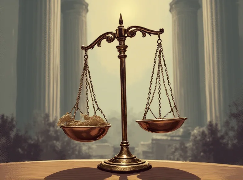 Illustration of a courtroom scene with scales of justice in the background.