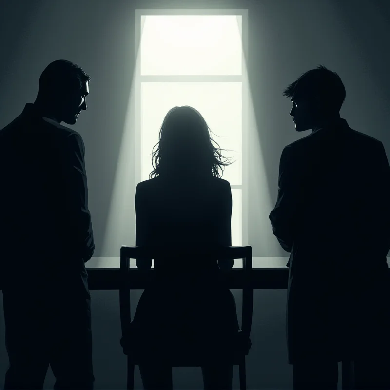 A stylized illustration depicting a tense interrogation room, with a silhouette of a woman (Manuela Bianchi) being questioned by detectives, emphasizing the drama and uncertainty of the murder investigation.