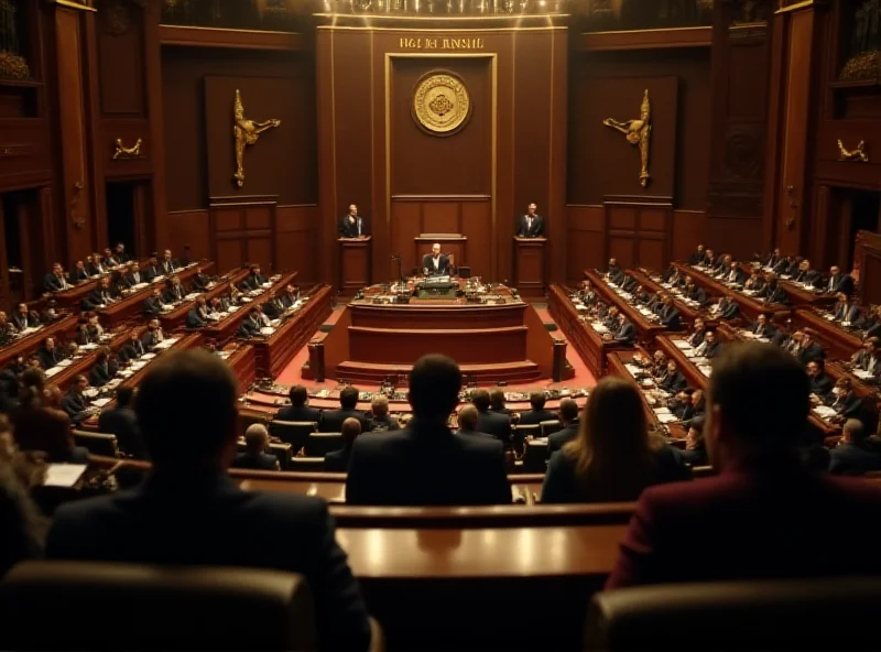 A wide shot of the Italian Parliament in session, with members engaged in lively debate.