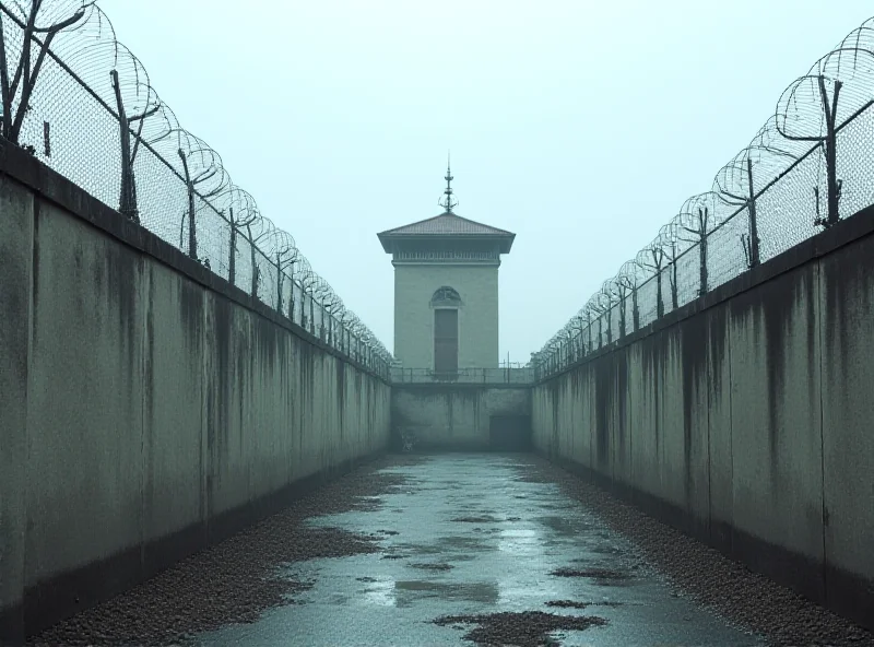 Exterior of an Italian prison with barbed wire fence and guard tower.