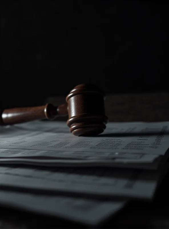 A gavel resting on a stack of legal documents in a courtroom setting.