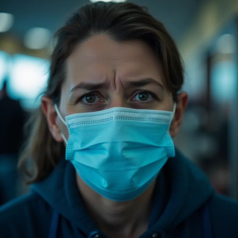 A person wearing a medical face mask with a concerned expression.