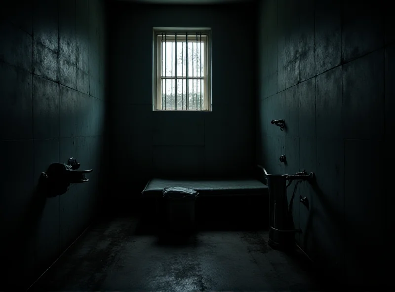 A somber image representing the inside of a prison cell, conveying a sense of isolation and despair. Focus on the shadows and the harsh realities of prison life.