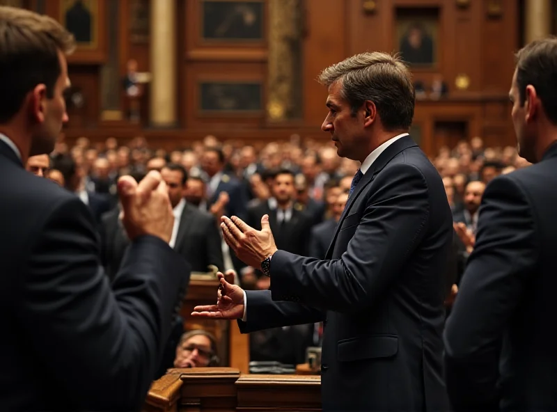 A chaotic scene inside the Italian Chamber of Deputies, capturing a moment of intense debate and disagreement. Focus on the expressions and gestures of the politicians involved.