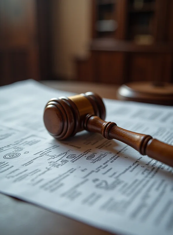 A gavel resting on a stack of legal documents in a courtroom setting.