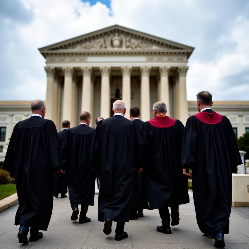 A group of judges in their robes walking towards a courthouse.