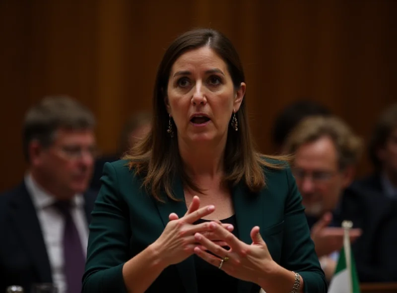 Daniela Santanchè speaking in the Italian Parliament, surrounded by other members. She is gesturing emphatically.