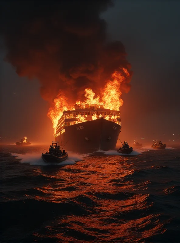 The Moby Prince ferry engulfed in flames at night, with rescue boats approaching. The scene is chaotic and filled with smoke.