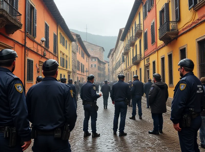 Scene depicting an Italian police investigation in a small town square, with concerned onlookers.