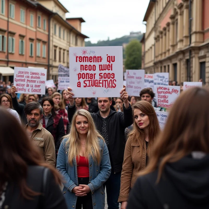 A diverse group of people in an Italian town square, holding signs advocating for women's rights and against online harassment.