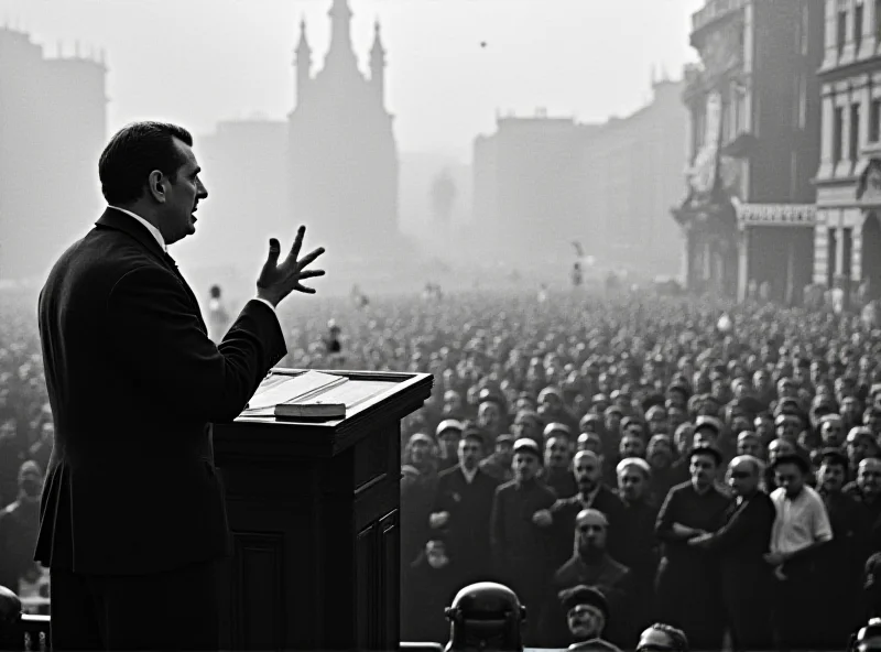 Black and white historical photograph of Benito Mussolini giving a speech to a large crowd in Italy, likely during the fascist era.