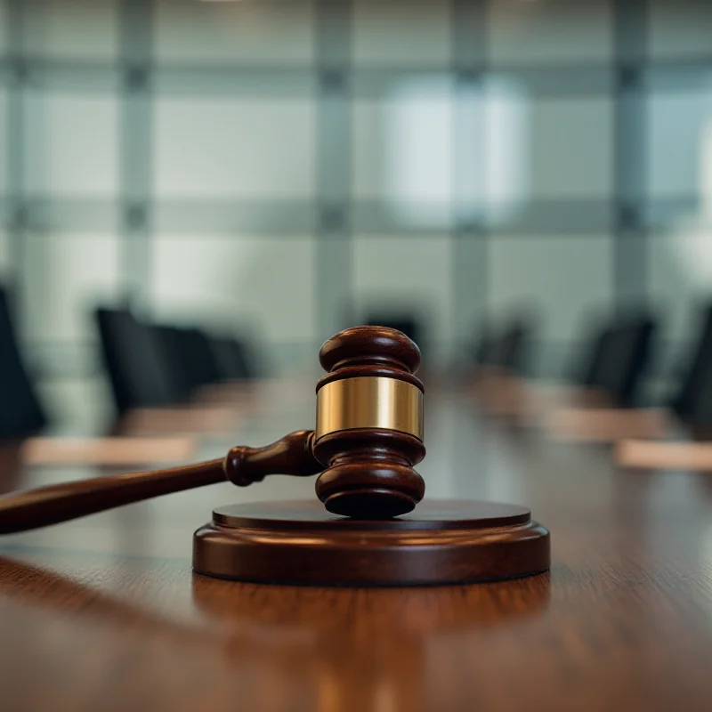 A gavel resting on a wooden sound block inside a modern conference room. The focus is on the gavel, symbolizing order and decisions.