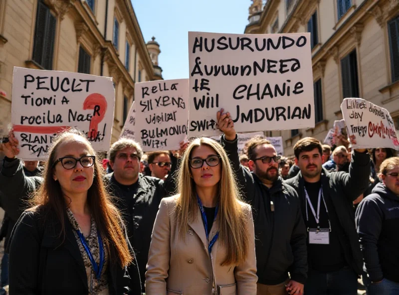 A group of university staff holding signs and protesting in front of a university building.