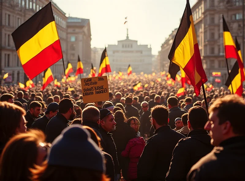 A large crowd of people holding Romanian flags and signs at a rally in Bucharest.