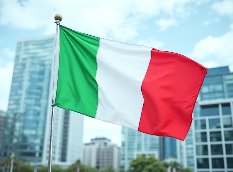 Italian flag waving in front of modern buildings