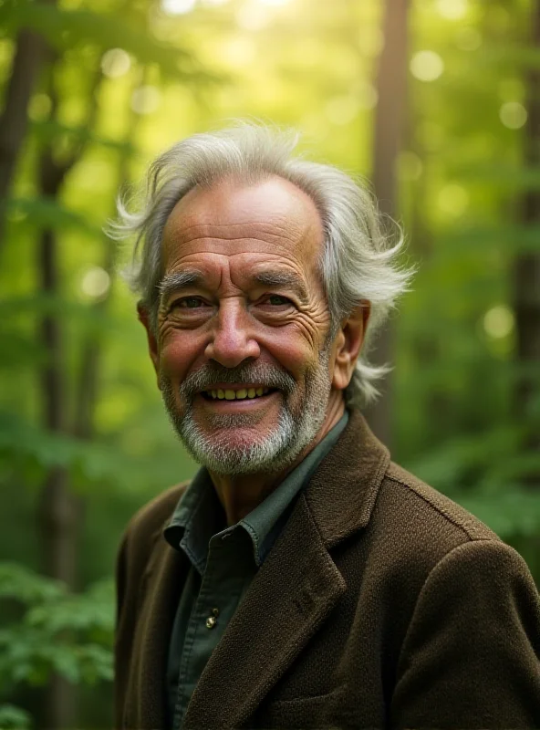 Portrait of Fulco Pratesi, a distinguished older gentleman with a kind smile, standing in a lush forest.