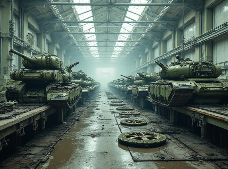 Image of a tank factory with cars in the background, suggesting the conversion of the automotive industry to defense production