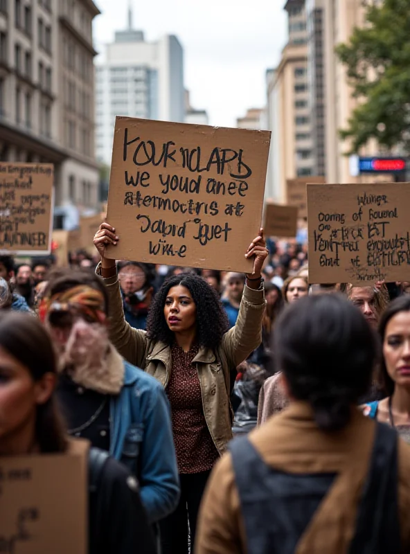 A group of people protesting in a city street, holding signs.