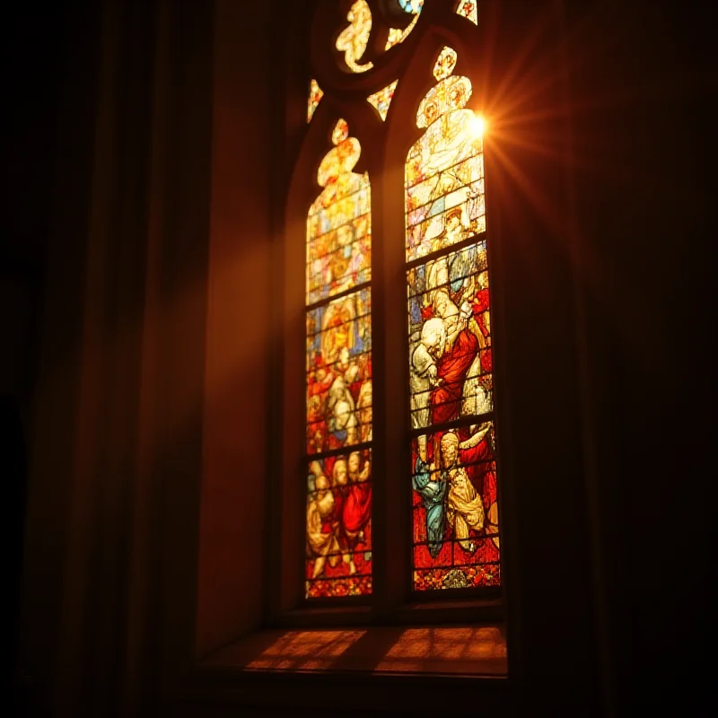 A stained glass window in a church, depicting a religious scene.