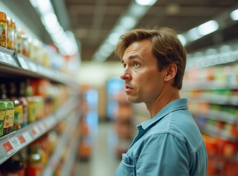 A worried shopper looks at rising prices in a grocery store.