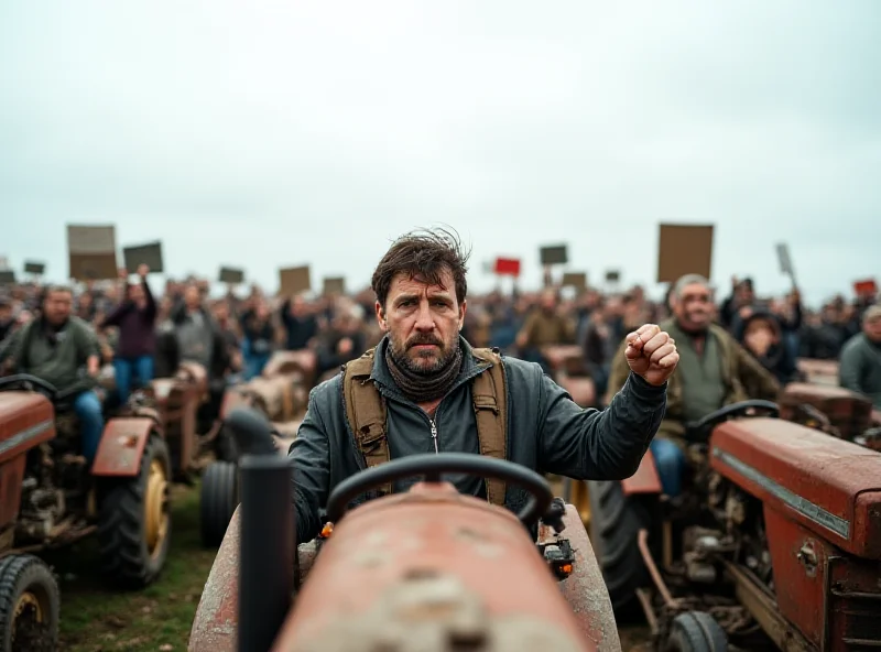 Farmers protesting with tractors in a field.