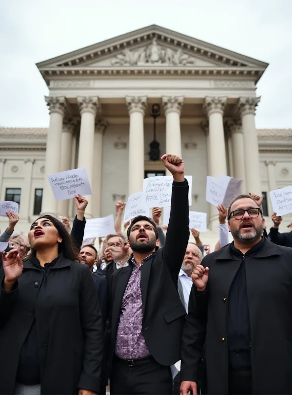 Magistrates protesting in front of a courthouse.