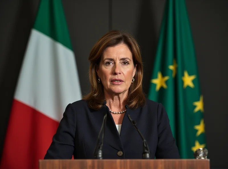 Giorgia Meloni speaking at a podium with the Italian flag behind her.