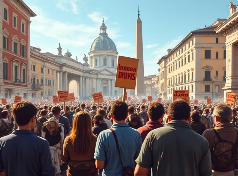 A group of protestors holding signs in an Italian city square.