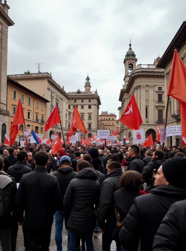 A crowd of people gathered in a city square, some holding flags or banners.