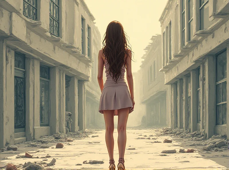 Illustration of a woman wearing stilettos, symbolizing wealth and privilege, standing in front of a dilapidated building, representing poverty and social inequality. The background should be blurred to emphasize the contrast.