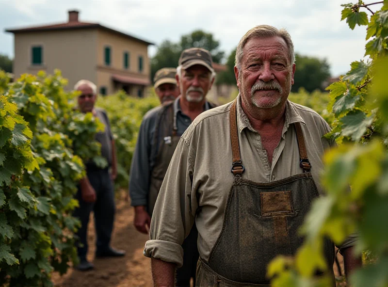 A group of agricultural workers, tired and weary, harvesting grapes in a vineyard in the Langhe region of Italy. They are wearing worn-out clothing and the background shows modest housing for the workers.