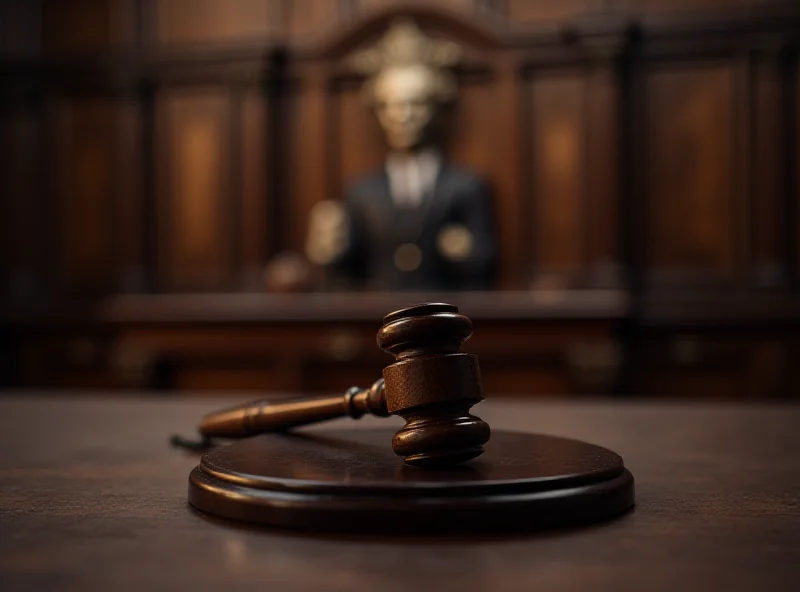 A gavel resting on a sound block in a dimly lit courtroom. The focus is on the gavel, symbolizing justice and the legal process. The background is blurred to create a sense of solemnity and gravity.