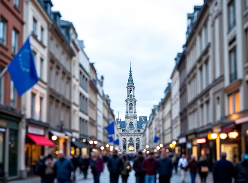 A bustling street scene in Brussels, Belgium, with the European Union flag prominently displayed.