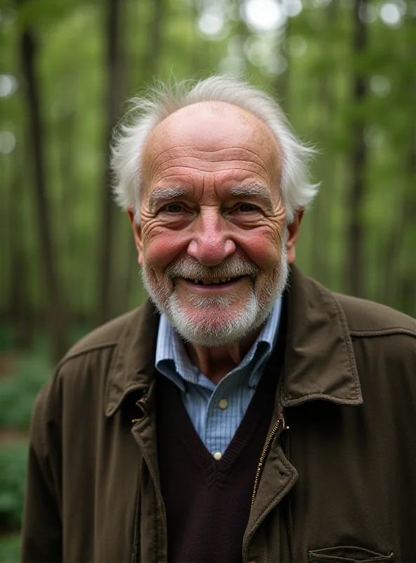 A portrait of Fulco Pratesi, the founder of WWF, smiling warmly in a natural setting, possibly a forest or park.