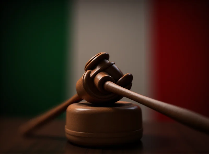 Illustration of a gavel hitting a sound block in front of the Italian flag.