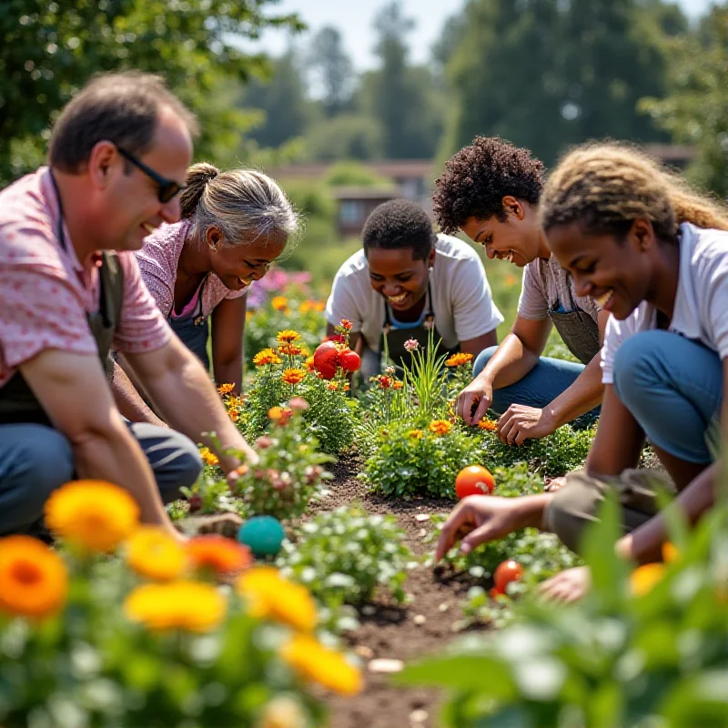 A group of diverse volunteers working together in a community garden, symbolizing unity and compassion.