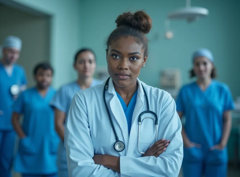 A concerned doctor attending to a patient in a hospital setting, with a blurred background showing other medical staff and equipment. The scene evokes a sense of urgency and care.