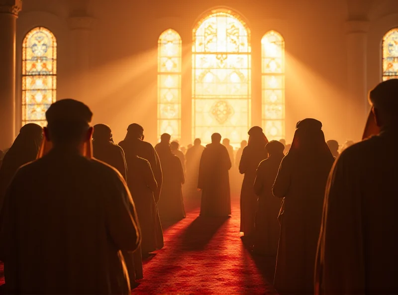 A group of Muslim families gathered in a mosque during Ramadan, praying together. The scene is illuminated by soft, warm light filtering through stained-glass windows, creating a sense of peace and community.