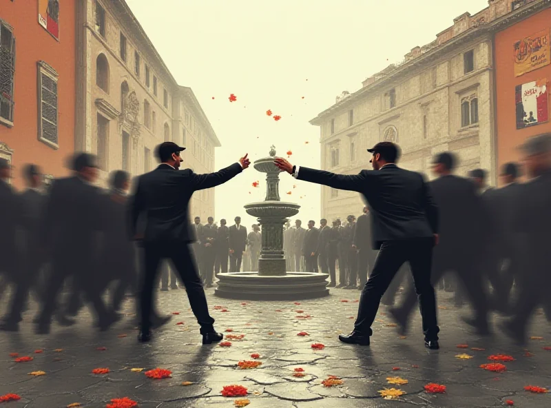 Illustration of political infighting with blurred figures pulling in opposite directions, representing political tension and disagreement. The scene is set in a generic Italian town square.