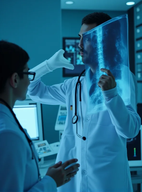 A concerned doctor looking at an X-ray of lungs, indicating respiratory problems. The scene is set in a modern hospital examination room with medical equipment visible in the background.