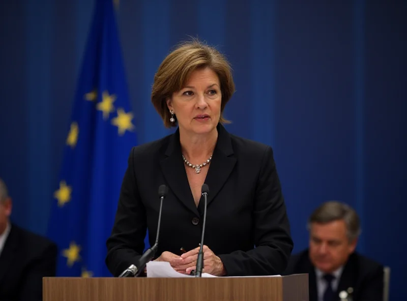 Giorgia Meloni addressing the European Council. She is standing at a podium with the EU flag behind her, looking directly at the camera with a serious expression. Other European leaders are visible in the background, listening attentively.