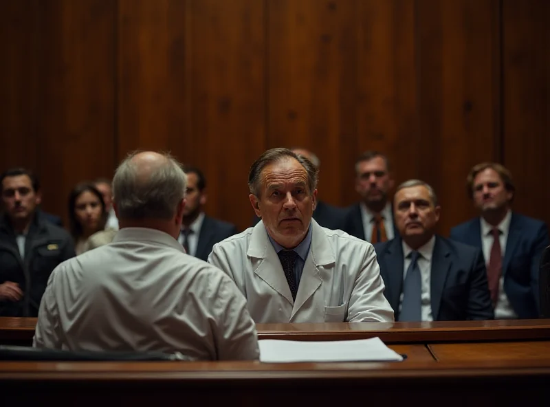 A courtroom scene with a doctor testifying against a defendant, representing the trial involving infectiologist Bassetti.