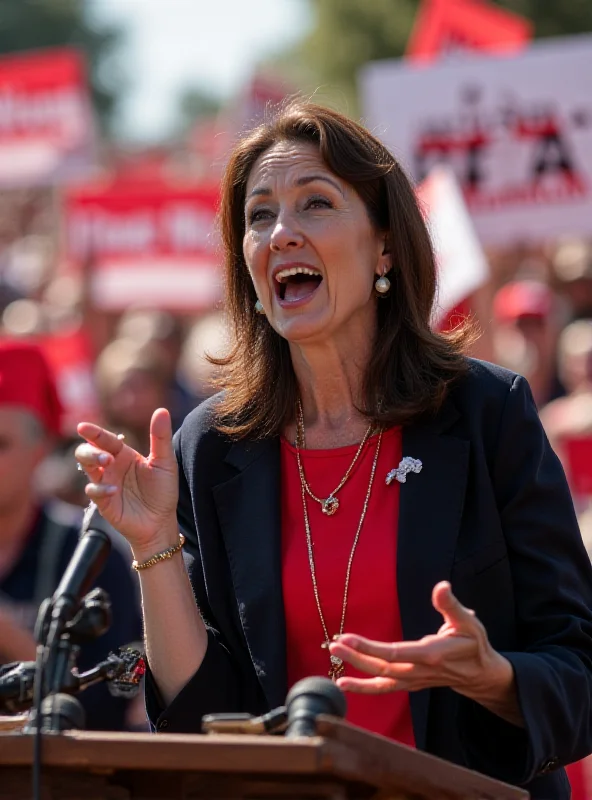 Image of Elly Schlein speaking at a political rally, with supporters waving flags in the background