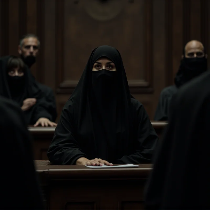 Image depicting a courtroom scene with a veiled woman sitting in the defendant's box, representing Nazia Shaheen, with lawyers and judges present.