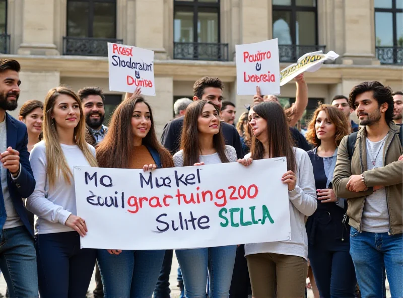 A group of international students protesting with signs outside a university building.