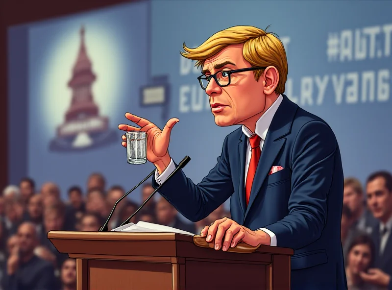 Illustration of a politician giving a speech with a glass of water in hand, looking slightly flustered.