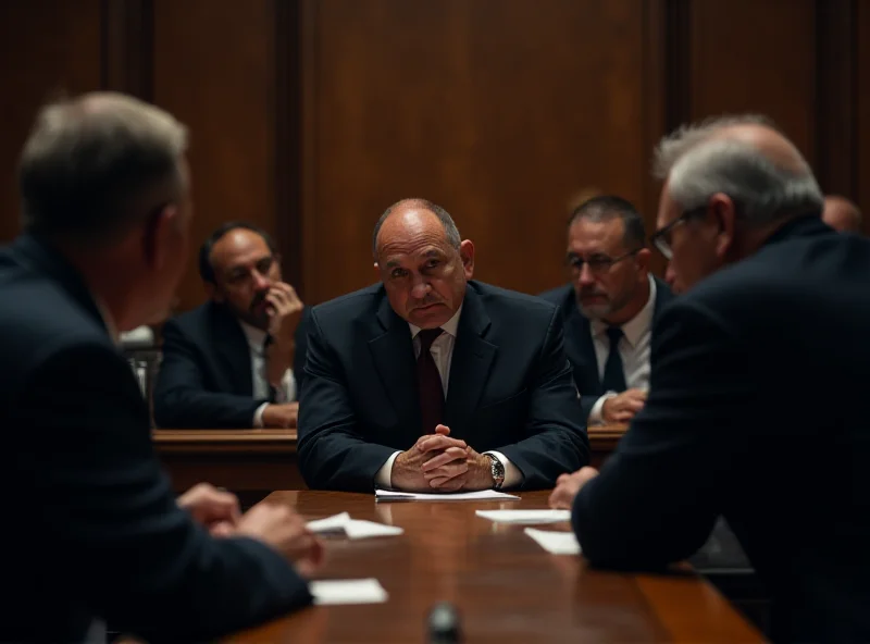 A courtroom scene with lawyers, judges, and family members of the accused, looking tense and concerned.