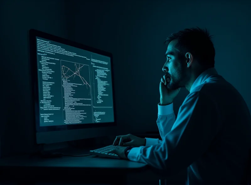 A priest looking concerned while staring at a computer screen displaying lines of code and error messages, suggesting a cyberattack.